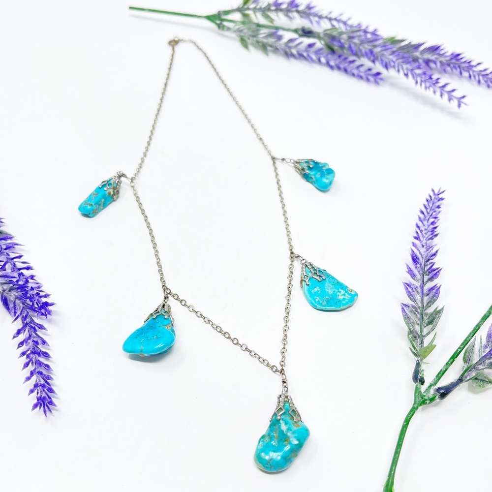 Vintage Genuine Turquoise Sterling Silver Charm Statement Necklace